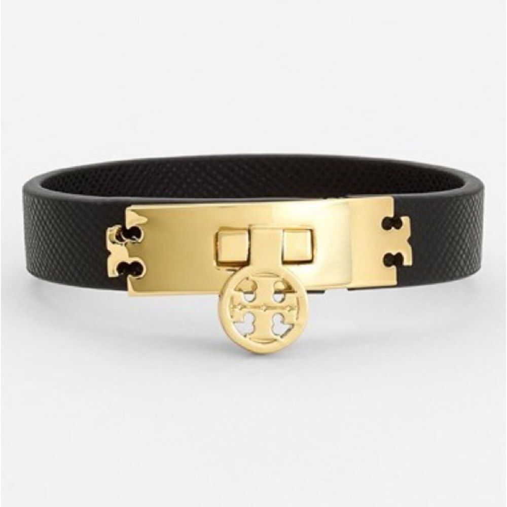 Tory Burch Logo Turnlock Leather Bracelet Black and Gold